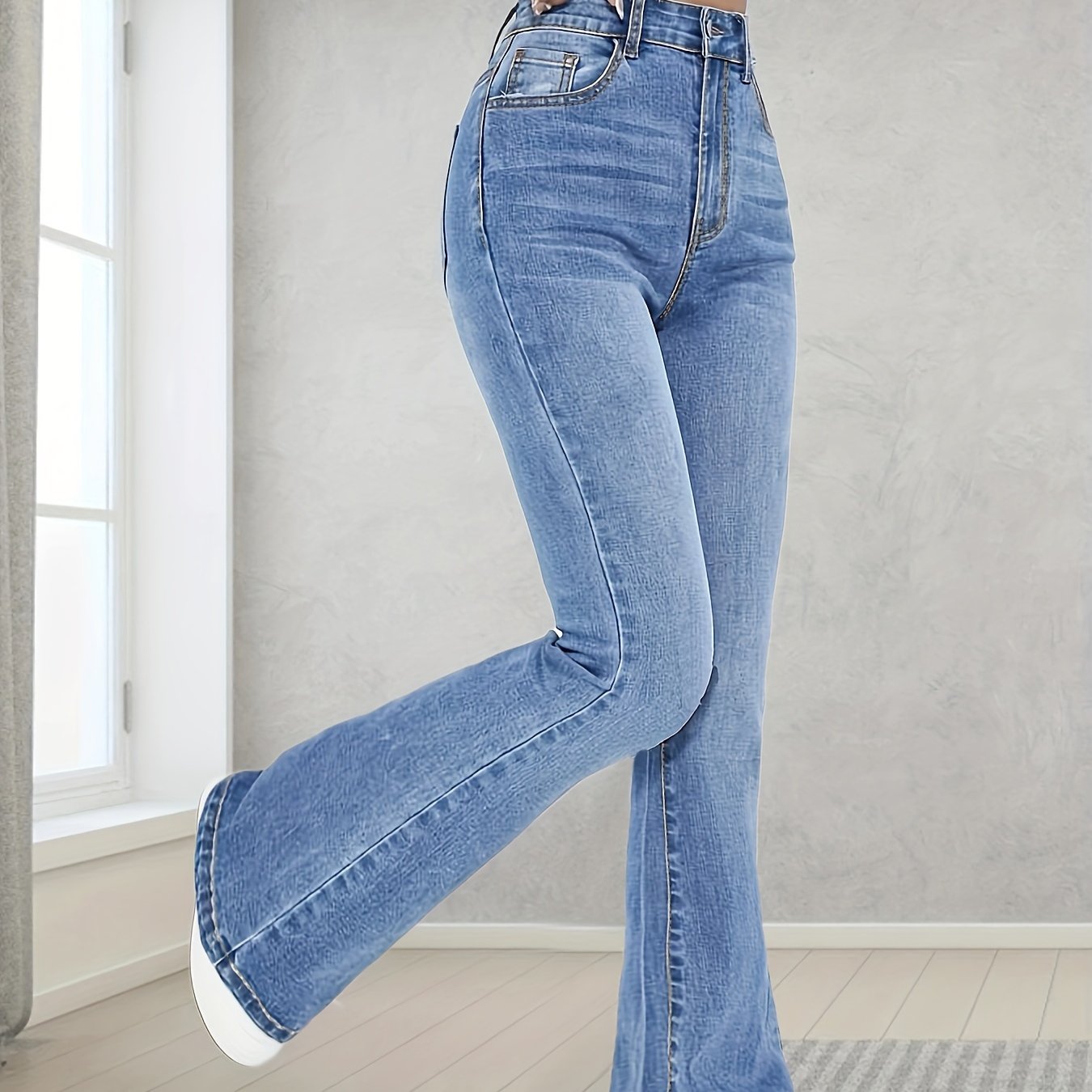 Women's High-Waisted Stretch Flared Jeans Blue Long Length Casual