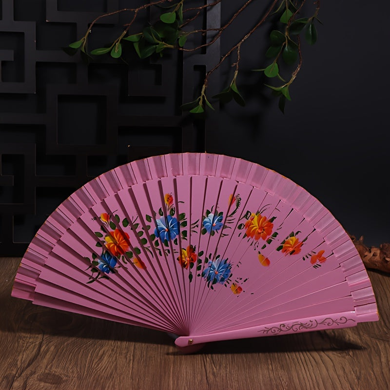 Wooden Folding Fan for Dancing and Home Decor with Printed Design