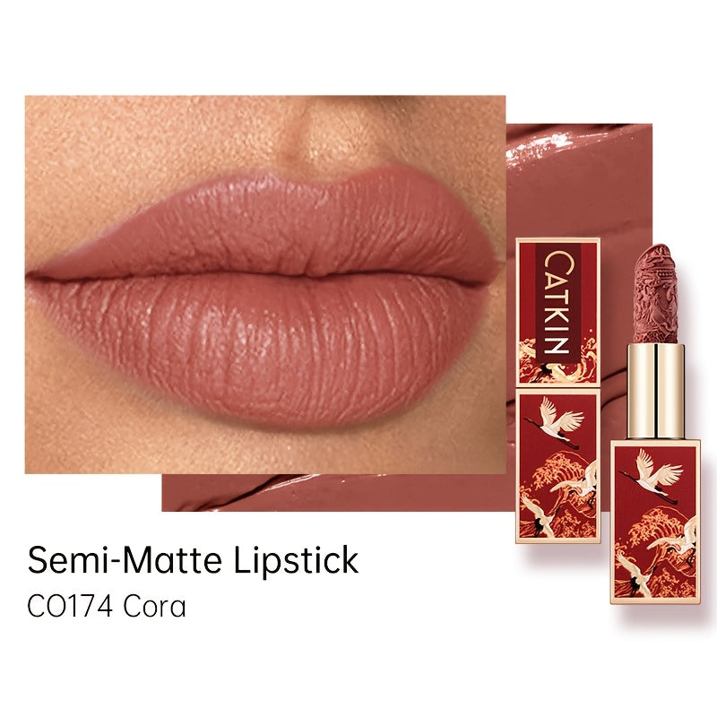 Red Carving Matte Lipstick Waterproof Long-Lasting Satin Finish for Smooth Red and Nude Lips