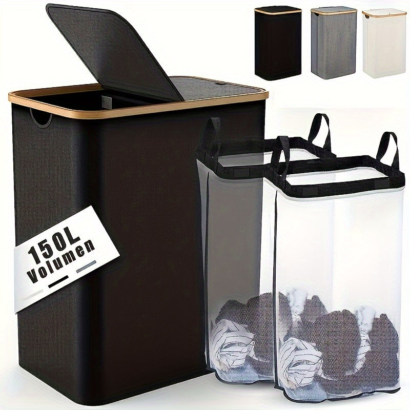 Gran cesta de lavandería con doble tapa abatible de 150L, organizador de ropa plegable