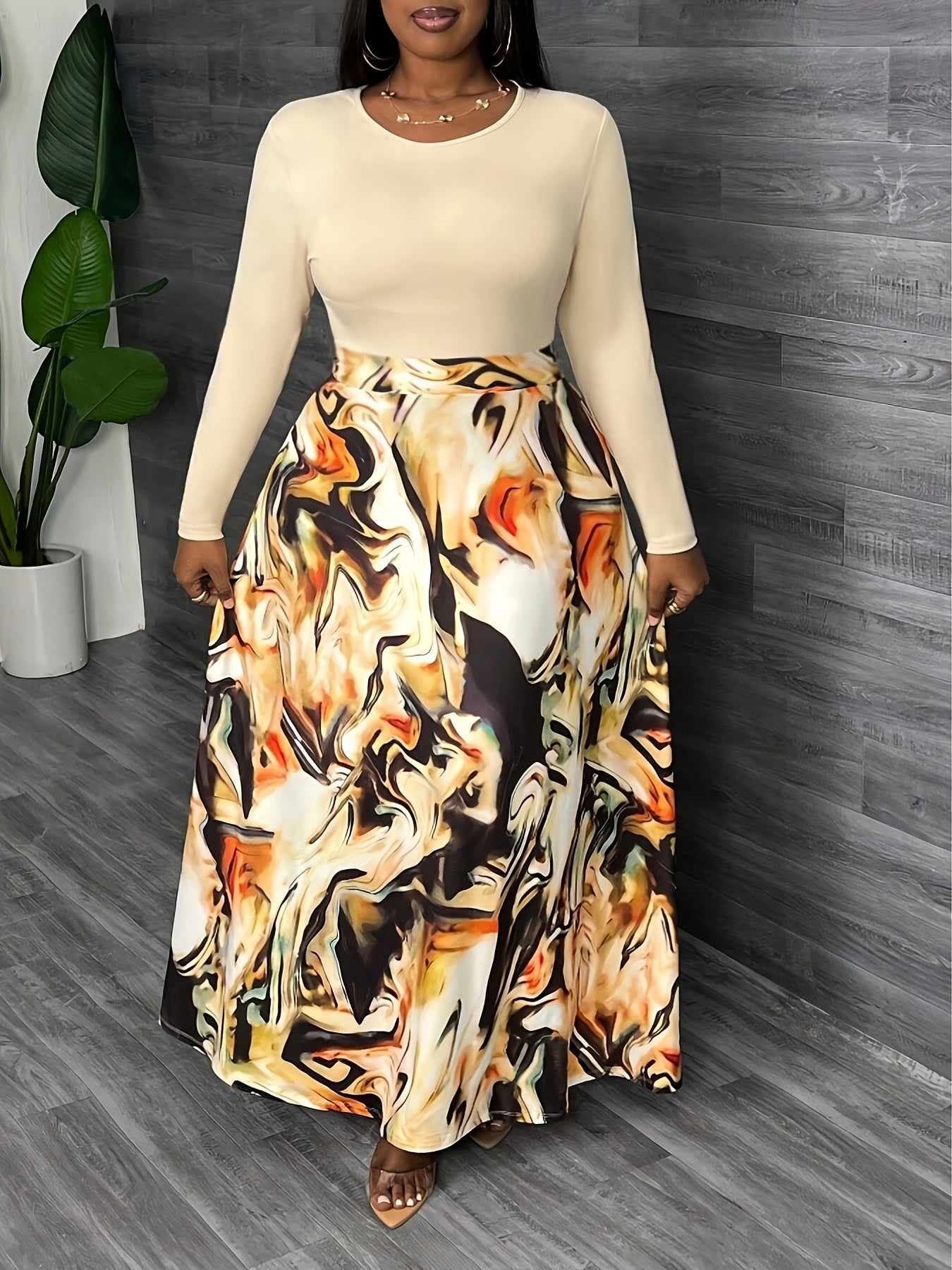 Plus Size Women's Flared Skirt Abstract Print High-Waisted A-Line Orange Black White