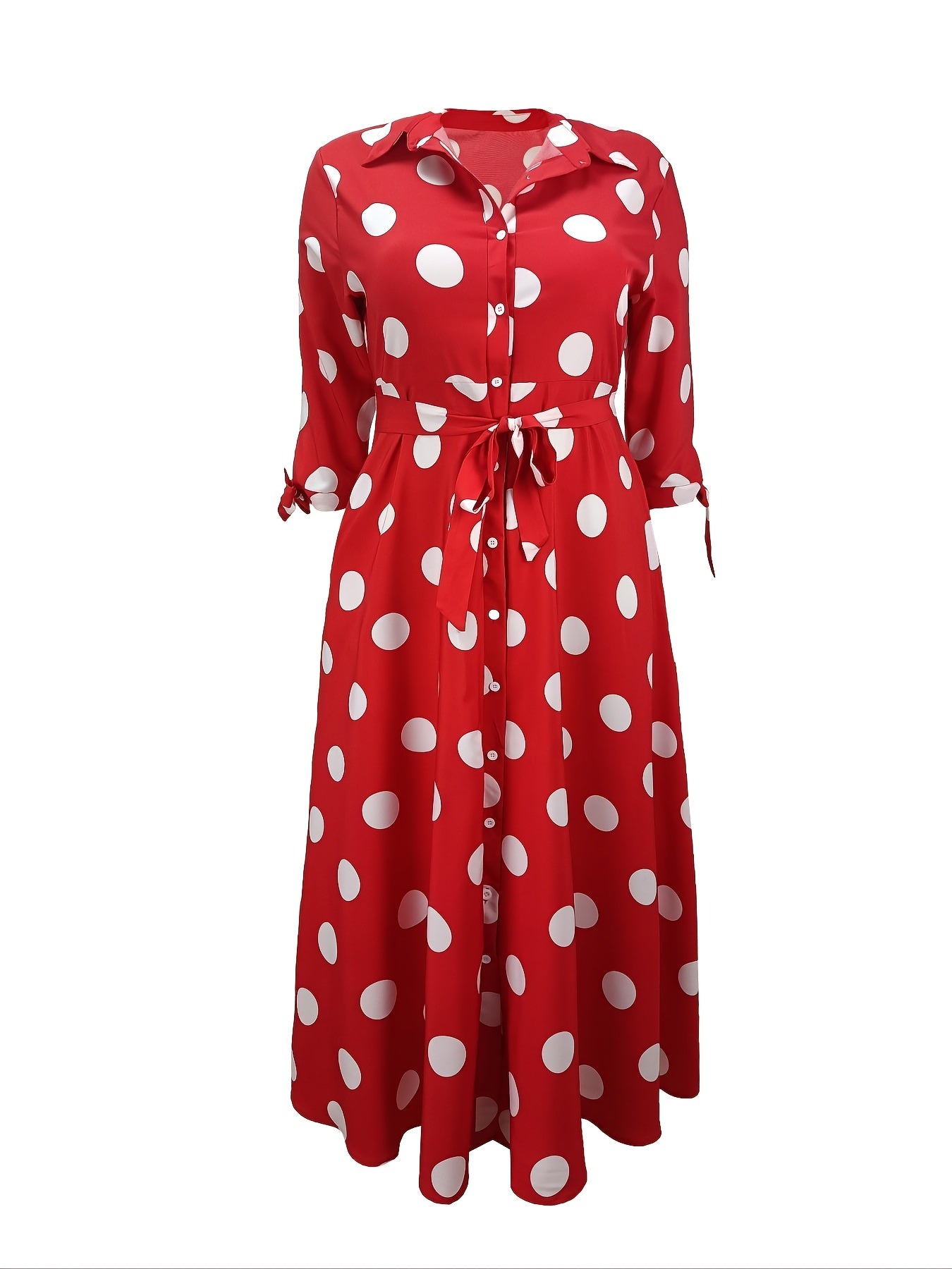 Plus Size Women's Polka Dot Maxi Dress with Collared Button Front and Belt