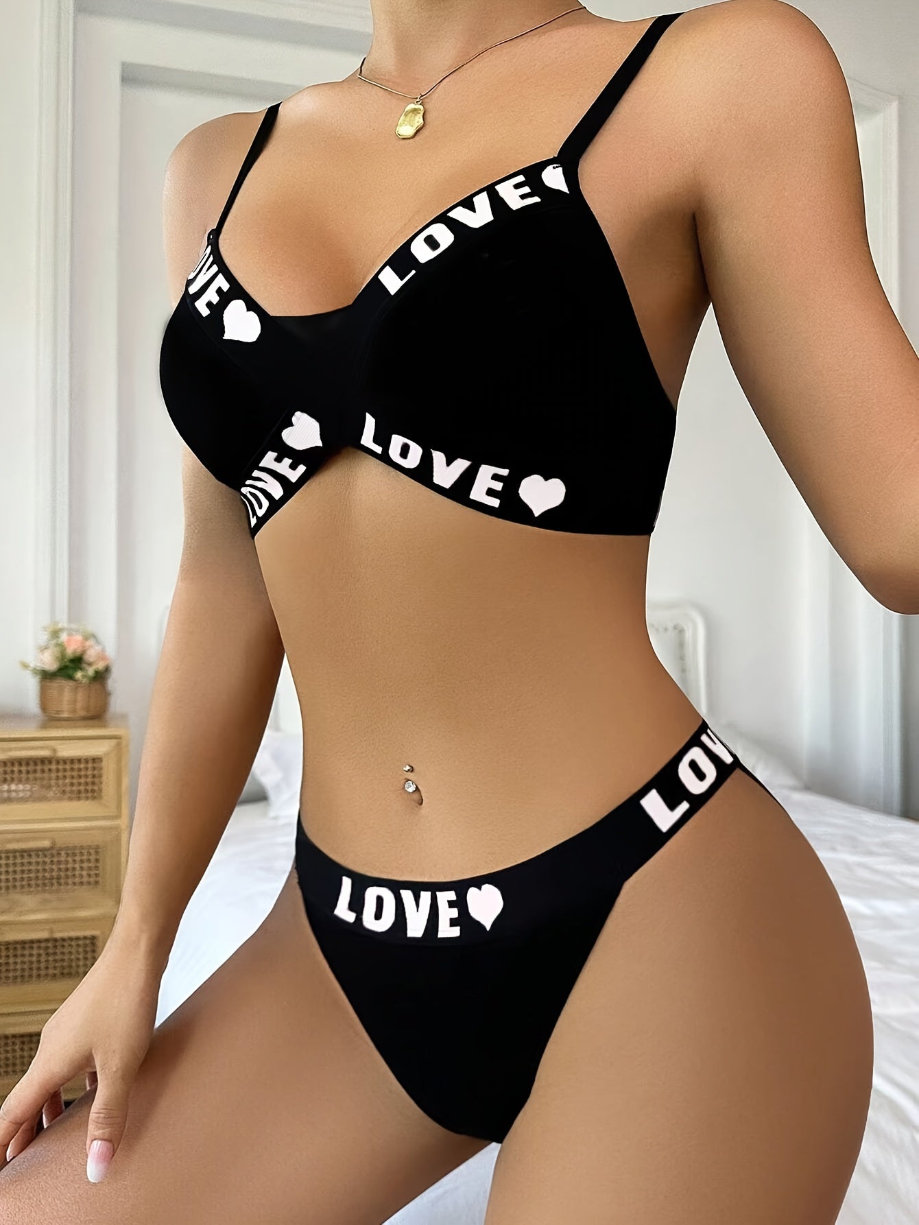 Women’s Medium Support Bikini Set with Letter Print Non-Transparent Knit Fabric