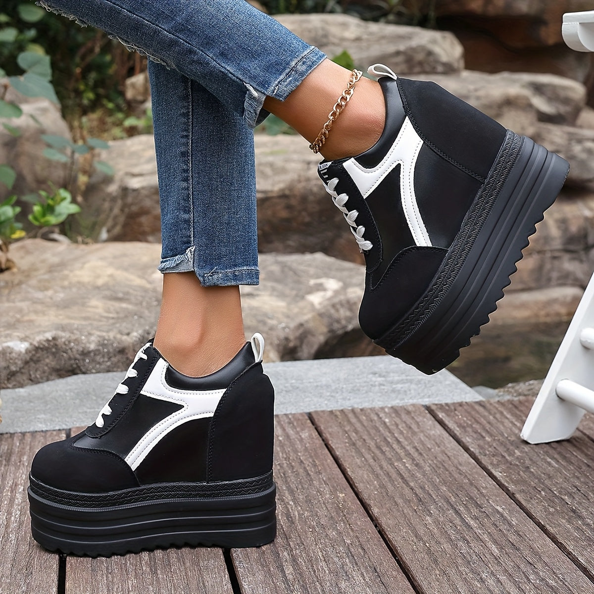 Women's Fashion Sneakers Casual Lace-Up Shoes with Thick Sole and High Heels