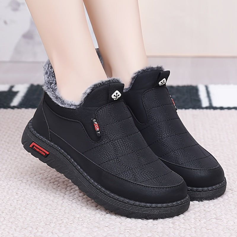 Women's Fleece-Lined Slip-On Ankle Boots Casual Solid Color Fabric