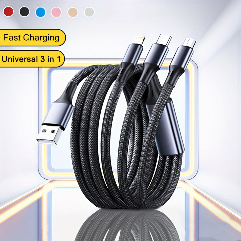 3in1 Nylon Charging Cable for iPhone Type-C Micro USB Data Sync and Power
