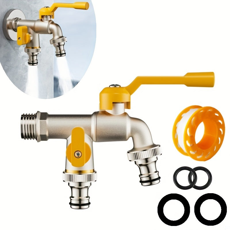 Brass Outdoor Garden Faucet with Dual Outlets Anti-Frost Rust-Resistant Easy Install
