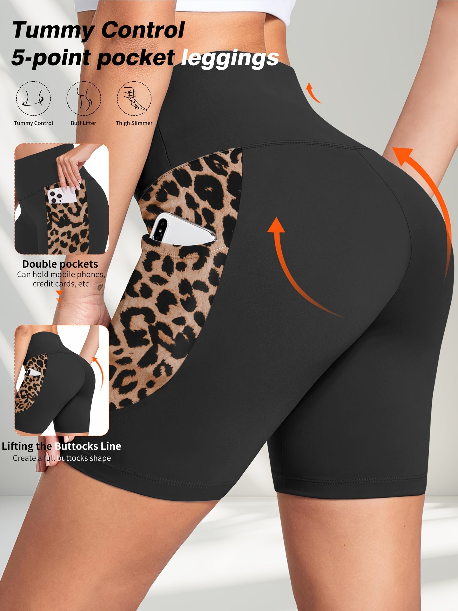 Women's Leopard Print High-Waist Tummy Control Shorts with Pockets