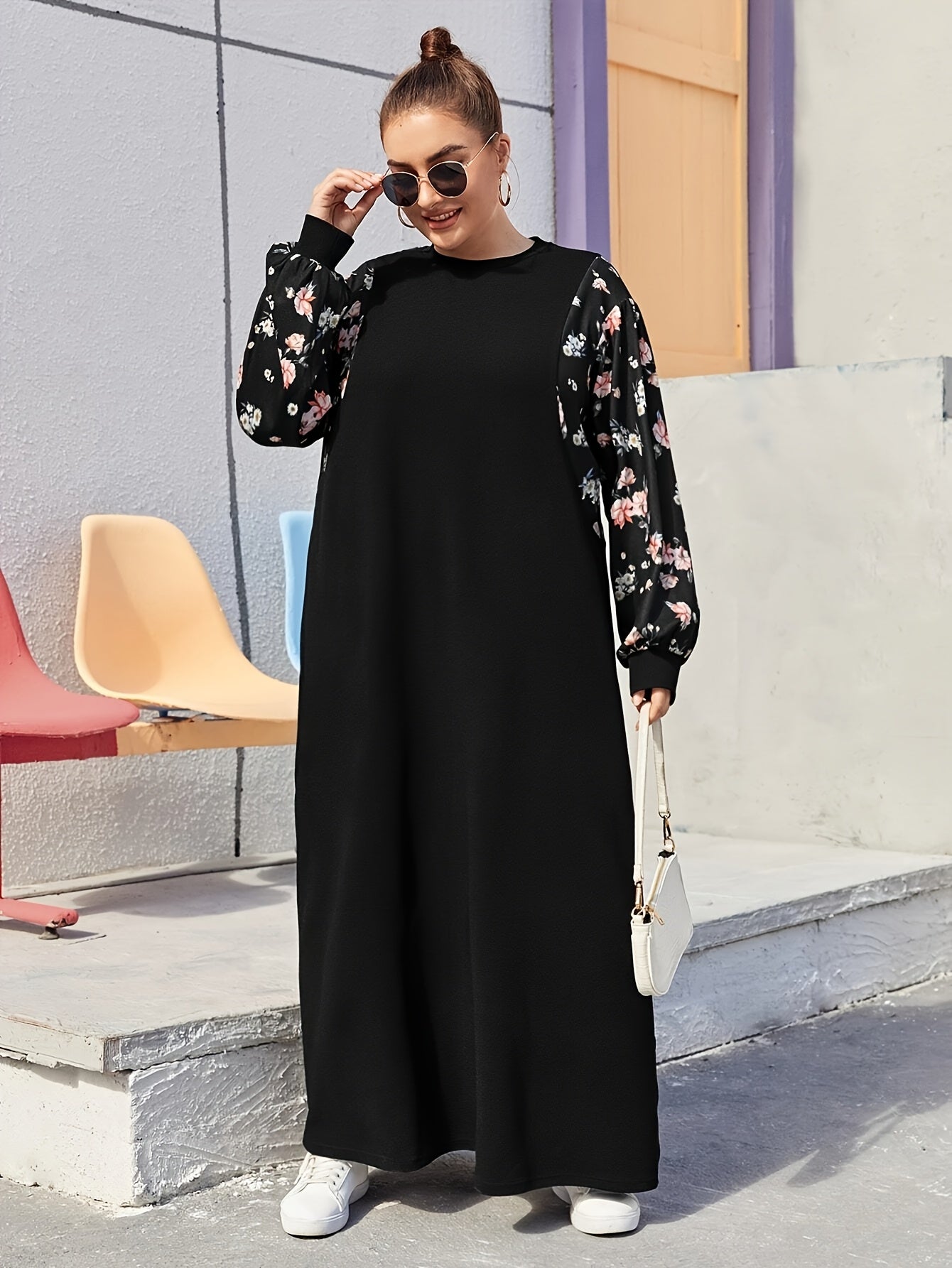 Plus Size Floral Kaftan Dress for Women Casual Spring Fall Polyester