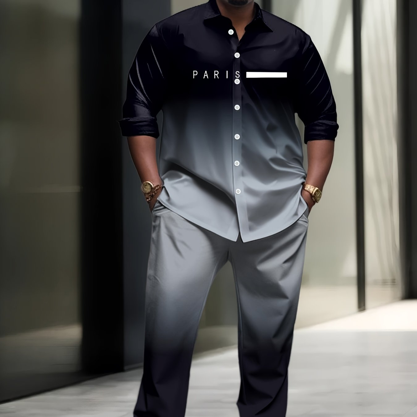 Plus Size Men's Knit Set Casual Striped Wave Pattern with Pockets Polyester Blend