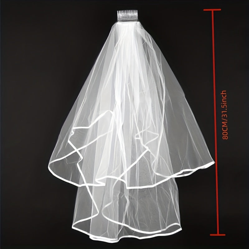 White Bridal Veil with 2 Layers of Ribbon Edge Wedding Accessories