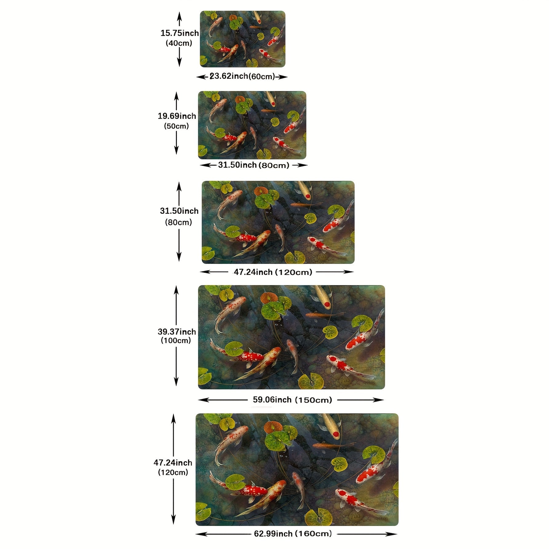 Qo'l bilan bo'yalgan uslubdagi gilam, Koi baliq naqshiga ega, mehmonlarni kutib olish uchun kirish joyingizda yoki yashash xonangizda, yotoqxona, ovqat xonasi, oshxona, o'qish xonasi yoki kir yuvish xonasida dekorativ buyum sifatida mukammaldir.