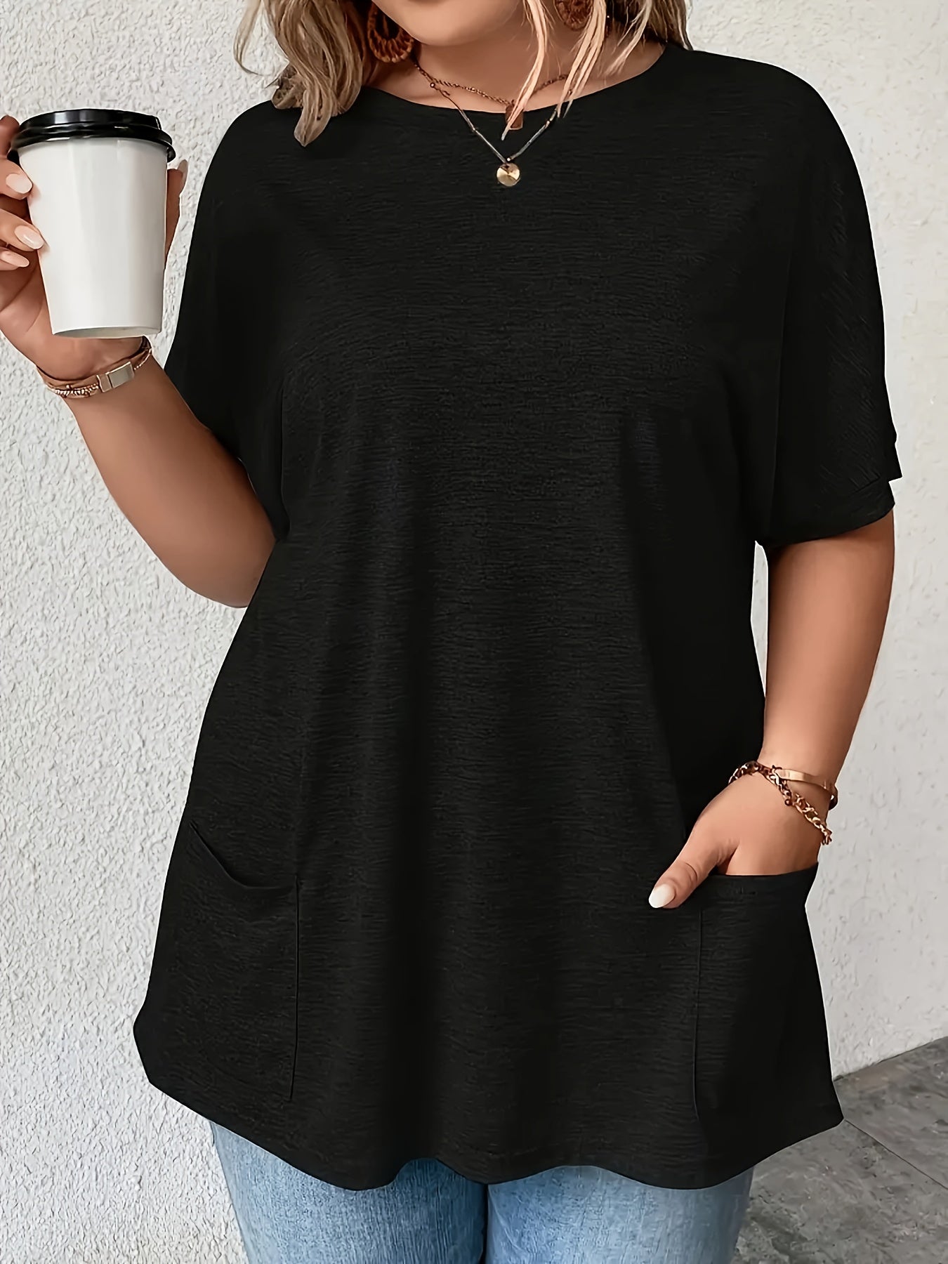 Women's Black Pocket T-Shirt Cotton Short Sleeve Casual Summer Top