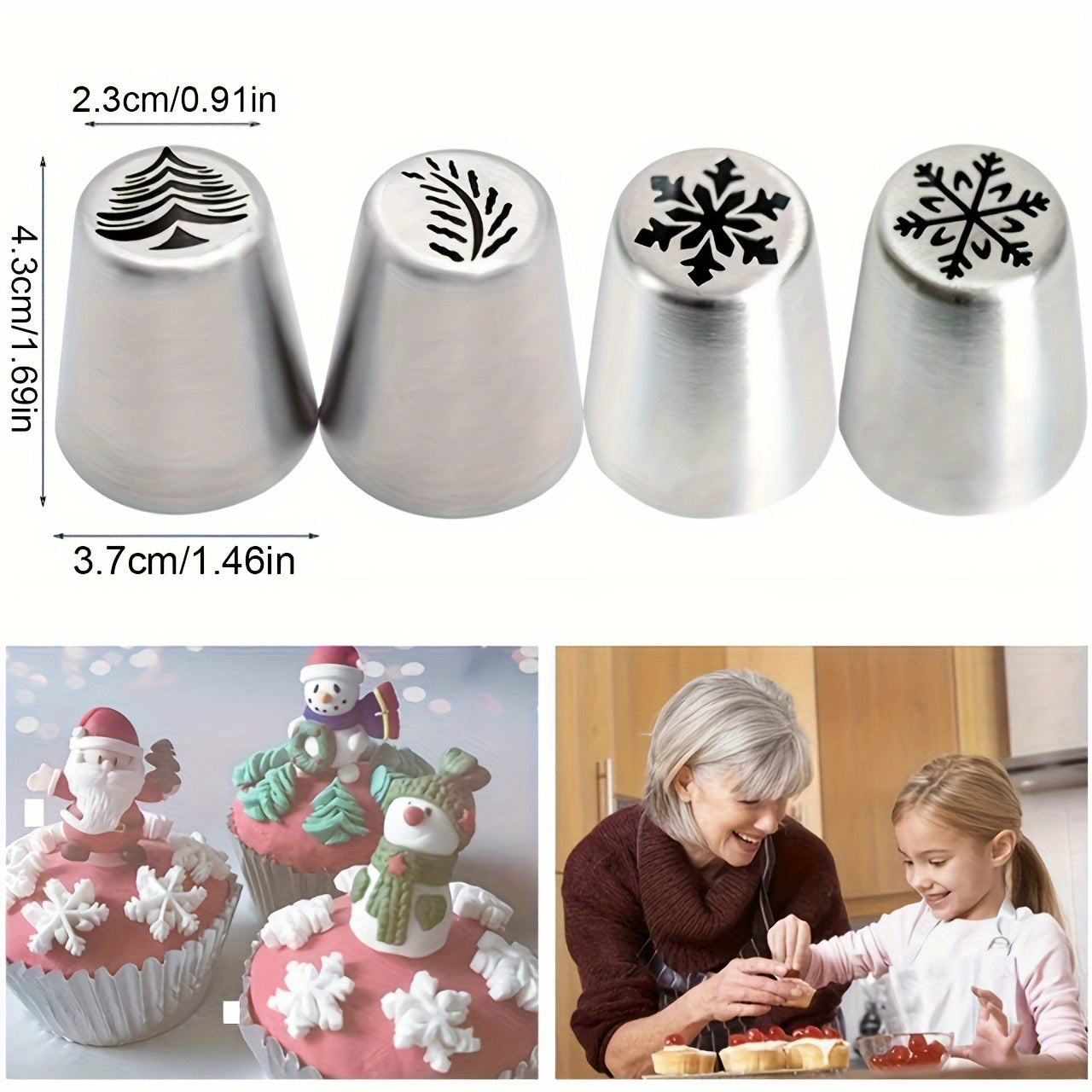 Set of 4 Stainless Steel Icing Piping Nozzles for Cake Decoration and Festive Baking