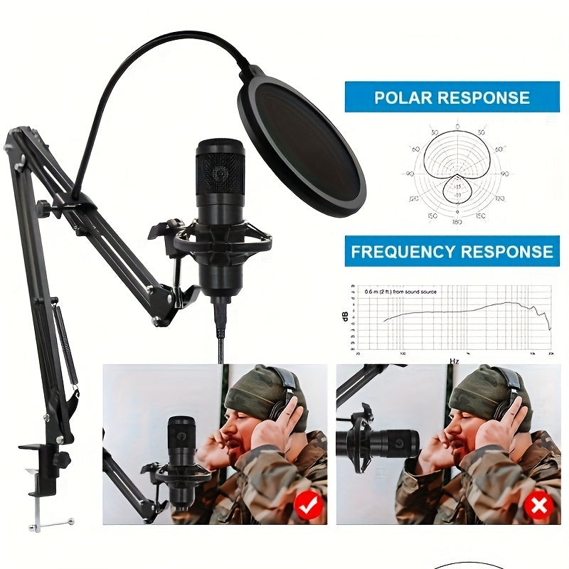 Black Condenser Studio Microphone Kit for Mobile Phones and Laptops with Suspension Arm and Pop Filter