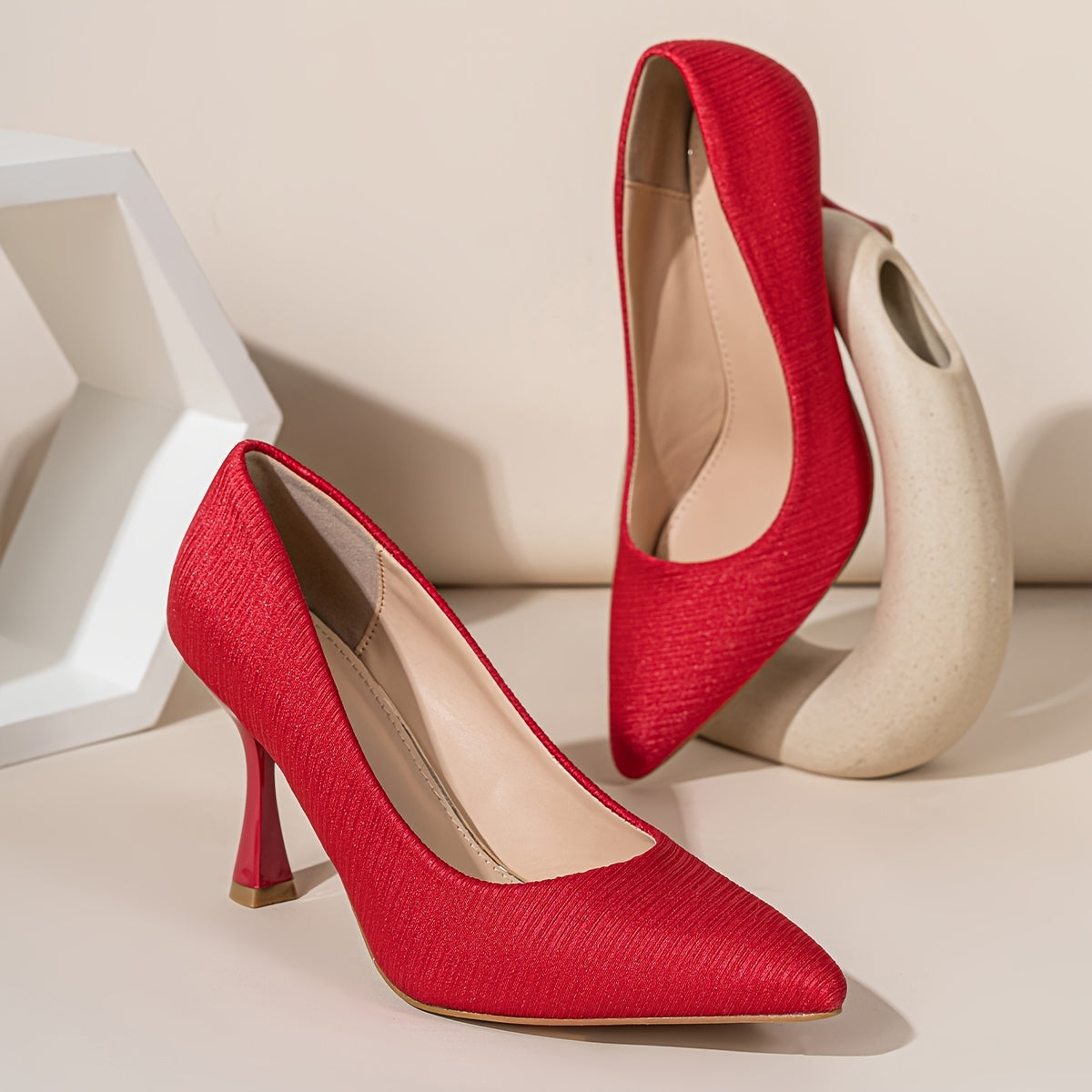 Women's Pointed Toe Pumps Stiletto Heels Dress Shoes with Striped Detail