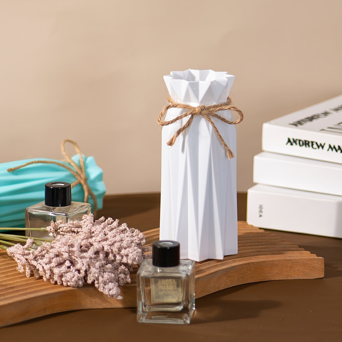 White Plastic Origami Vase 17.5cm Imitation Porcelain Tabletop Decor with Twine