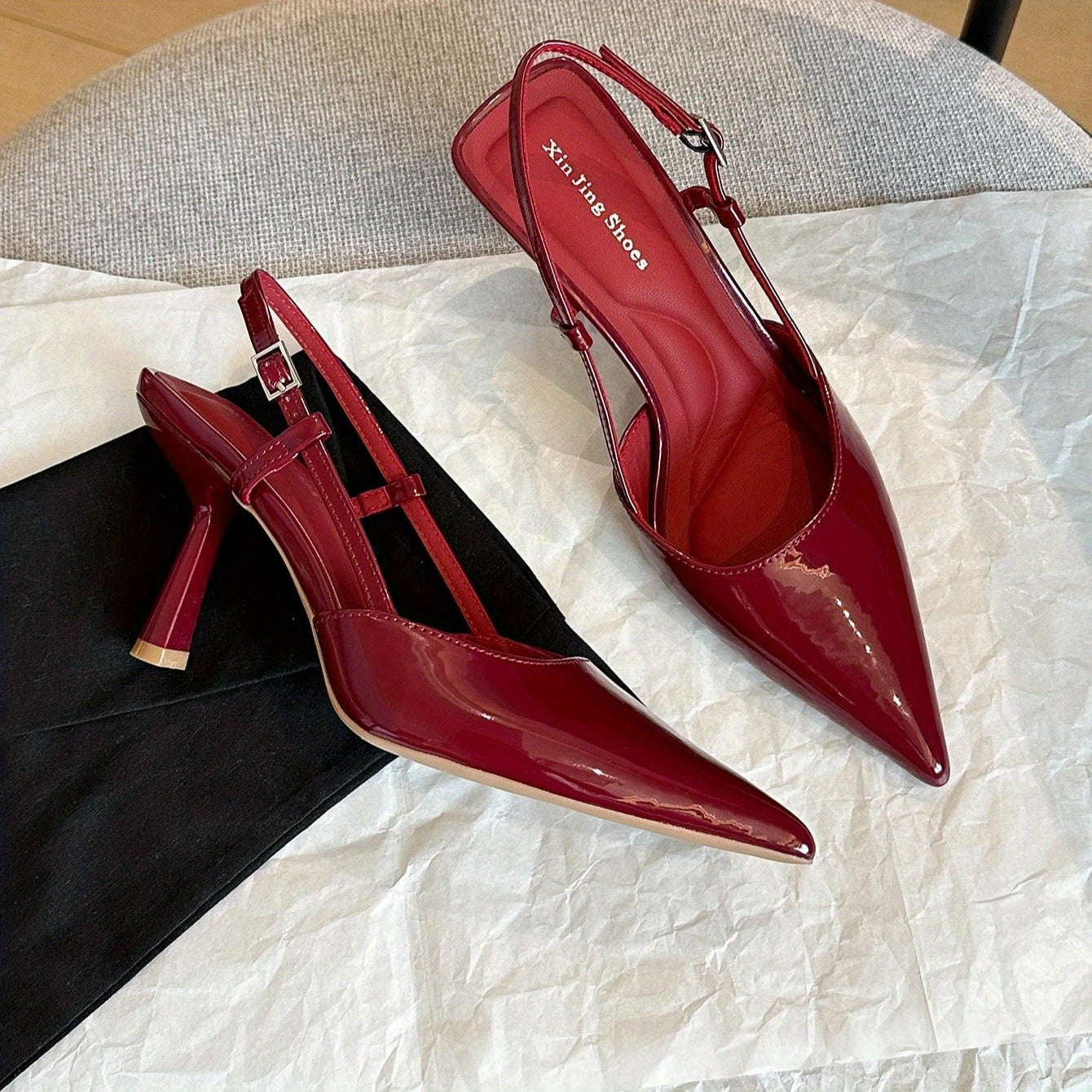 Women's Pointed Toe Stiletto Heels in Red Glossy PU for Formal and Party Wear