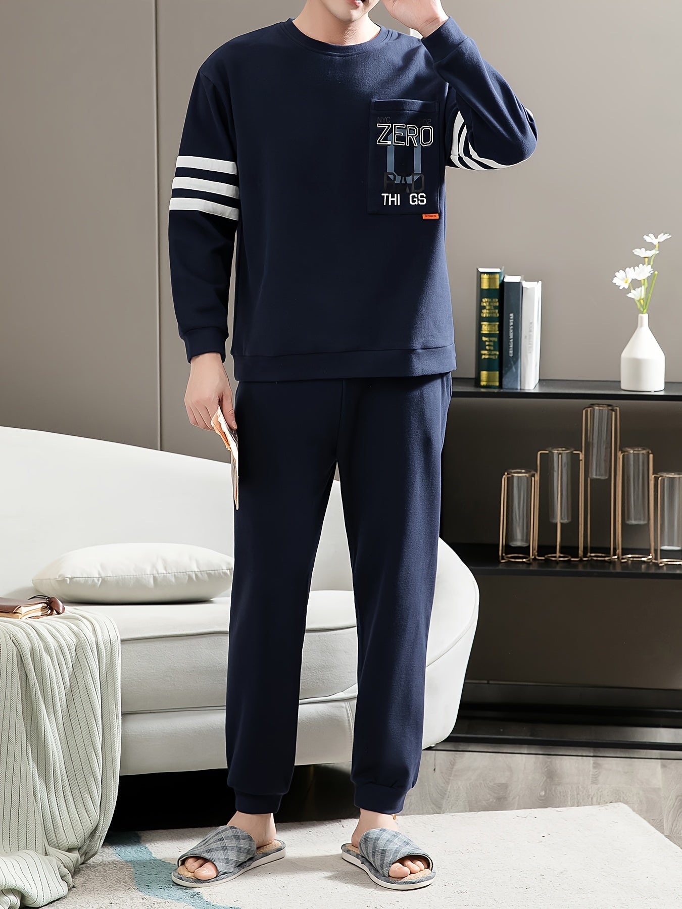 Men's Cotton Pajama Set with Letter Graphic Print Long Sleeve Crew Neck Top and Loose Pants for Spring and Fall