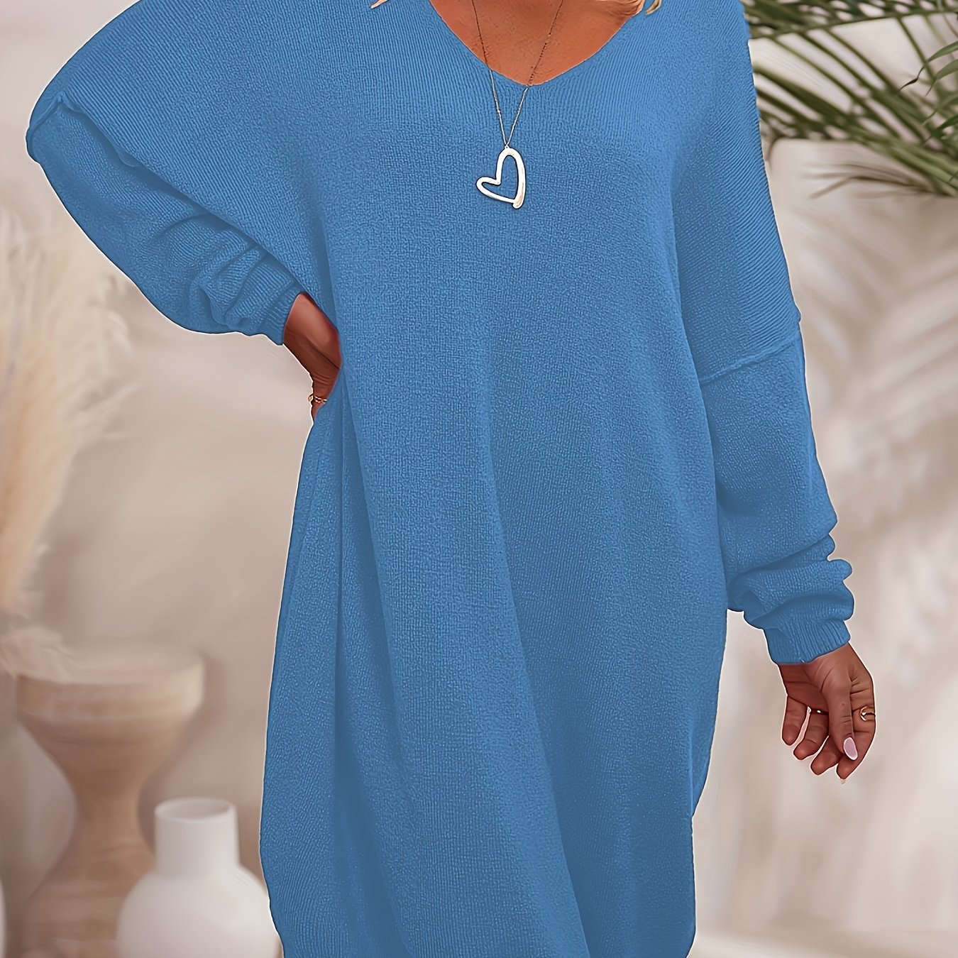 Plus Size Women’s Knitted V-Neck Dress Set Long Sleeve Solid Autumn Winter