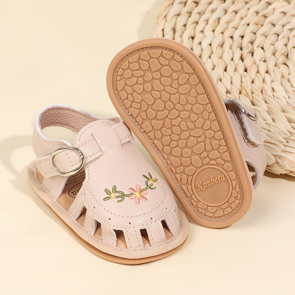 Kichkina qizlar uchun sandal open toe, gul naqshli tikilgan, yumshoq taglik, vint va halqali, kundalik yozgi kiyim uchun