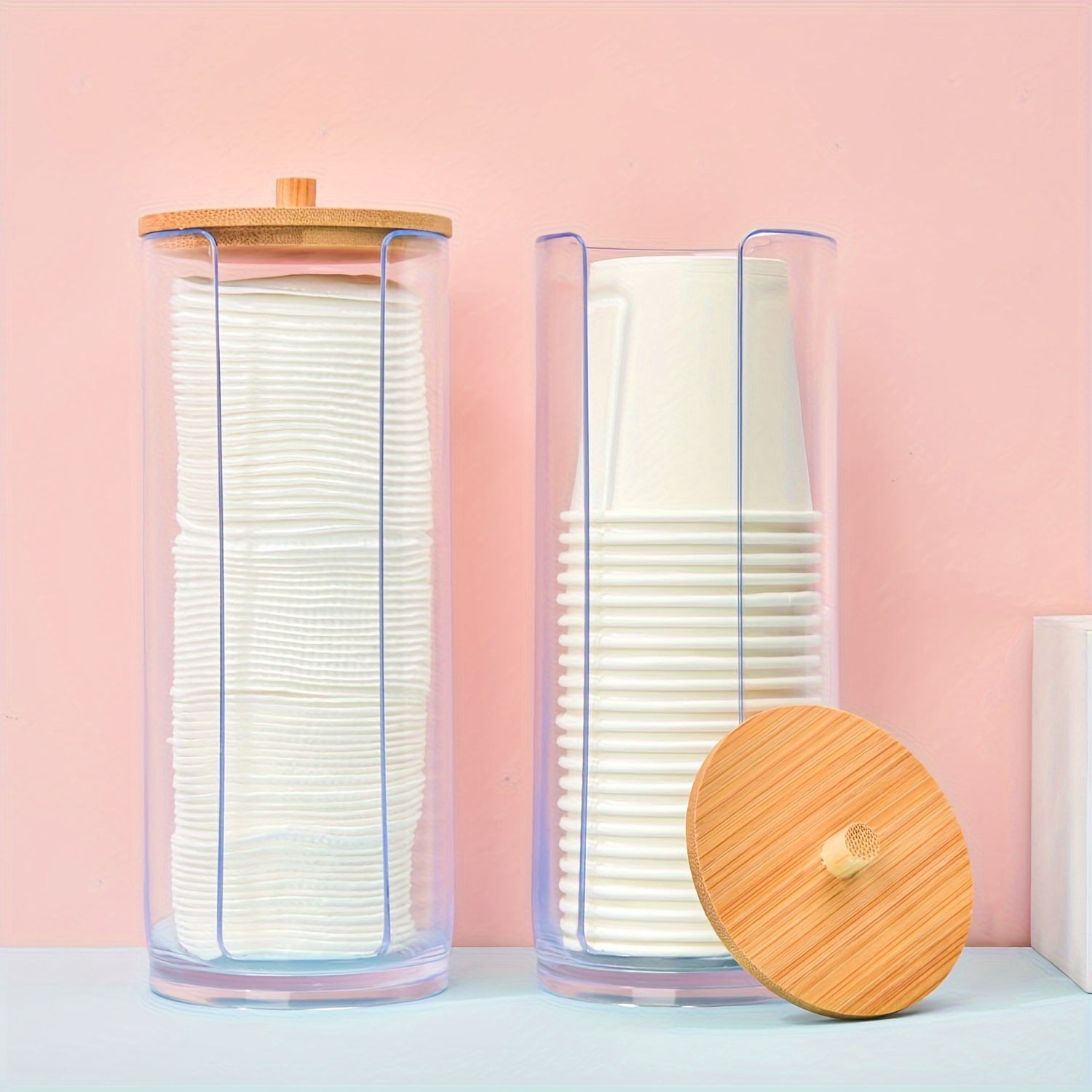 Clear Plastic Bathroom Storage Organizer with Bamboo Lid for Makeup Pads and Cups