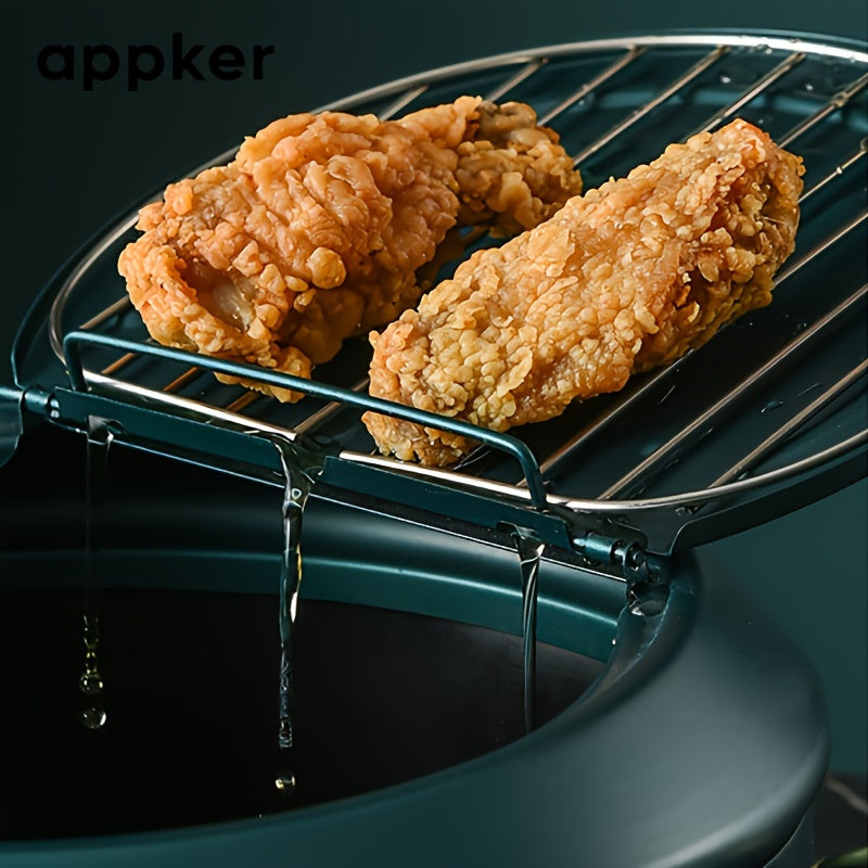 Deep Fryer with Thermometer Non-Stick Carbon Steel Large Green Pan Lid and Oil Drip Rack