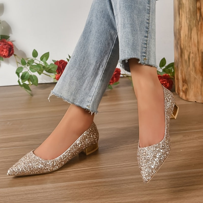 Women's Glittery Pointed Toe Flats with Low Heel and Rubber Sole