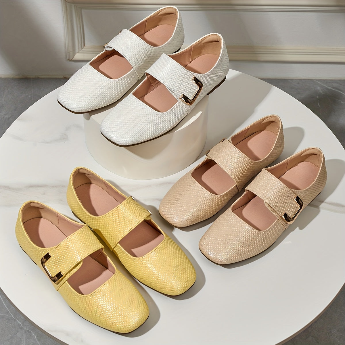 Women's Mary Jane Flats Square Toe Non-Slip Soft Sole Casual Shoes in White Beige Yellow