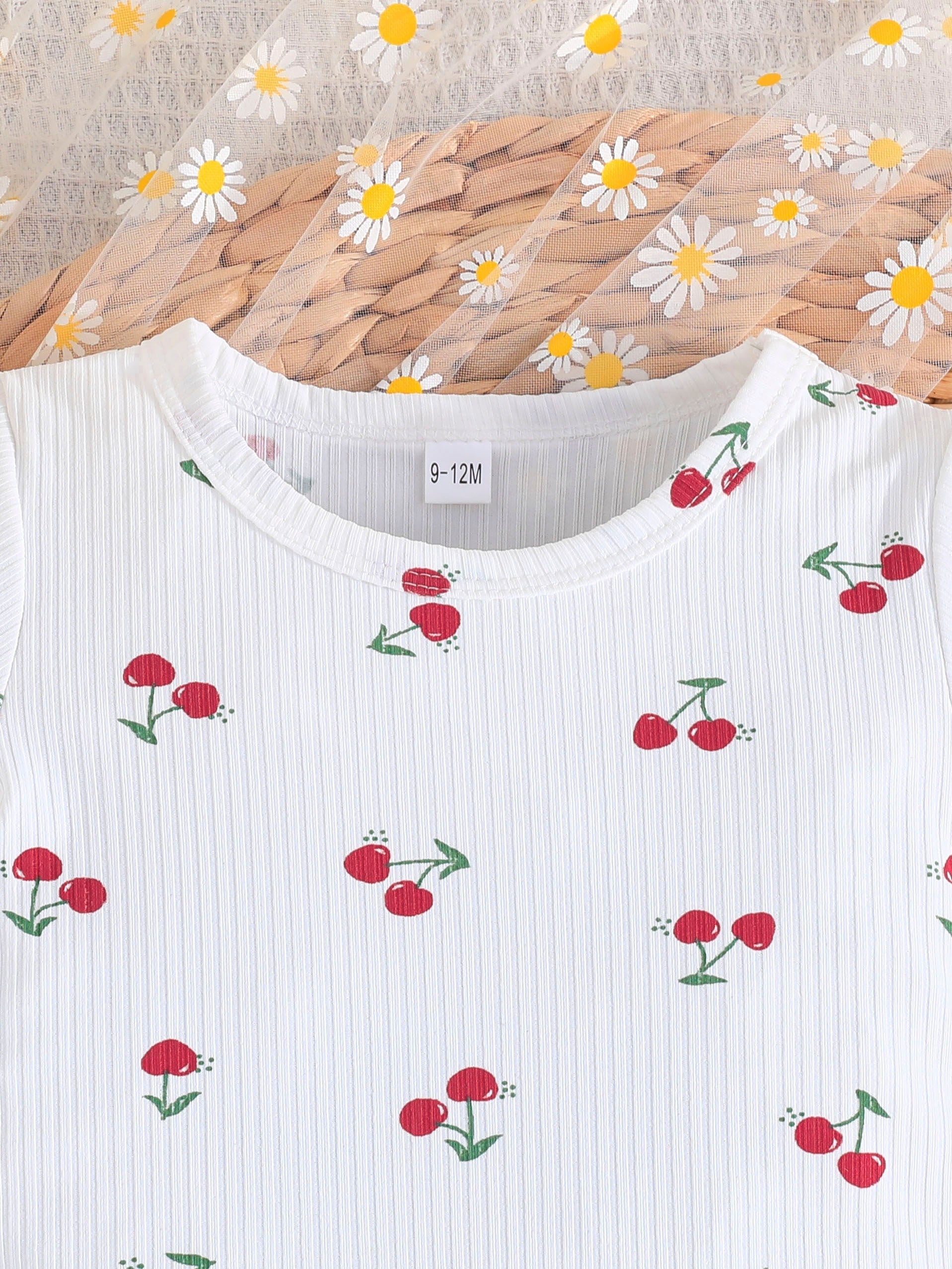 Girls Summer Set with Cherry Print T-Shirts and Shorts Lightweight and Machine Washable
