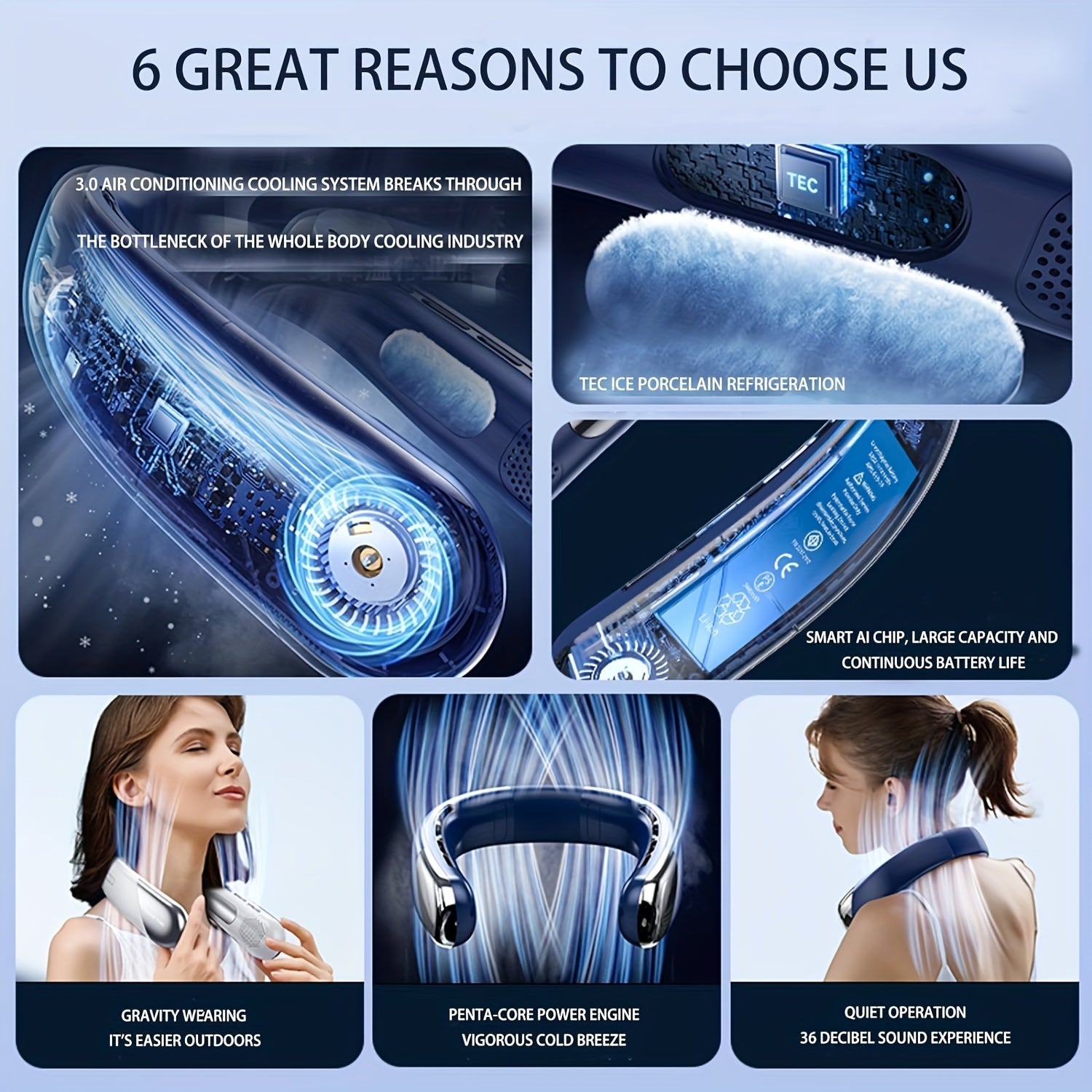 Noiseless Neck Fan with LED Screen, 5-Speed, Rechargeable, Portable for Outdoor and Travel