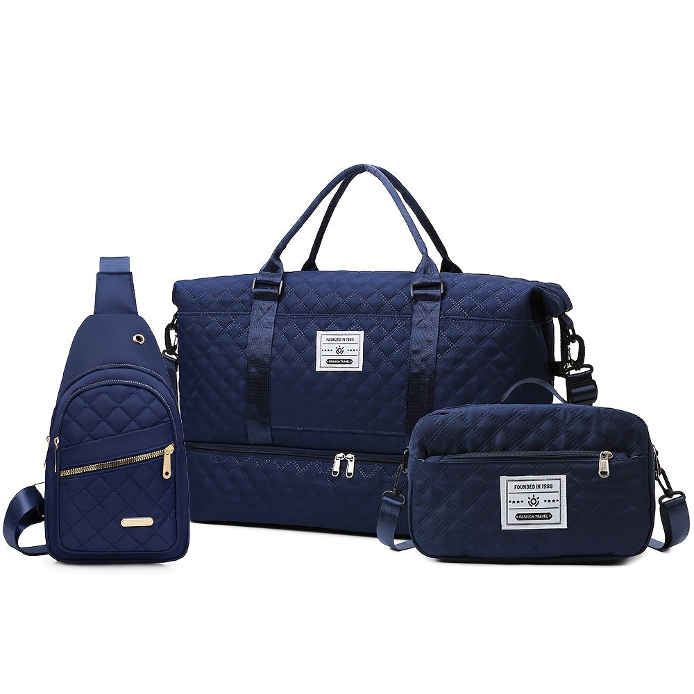 Polyester Travel Bag Set with Shoe Compartment for Men and Women Black Beige Pink Royal Blue