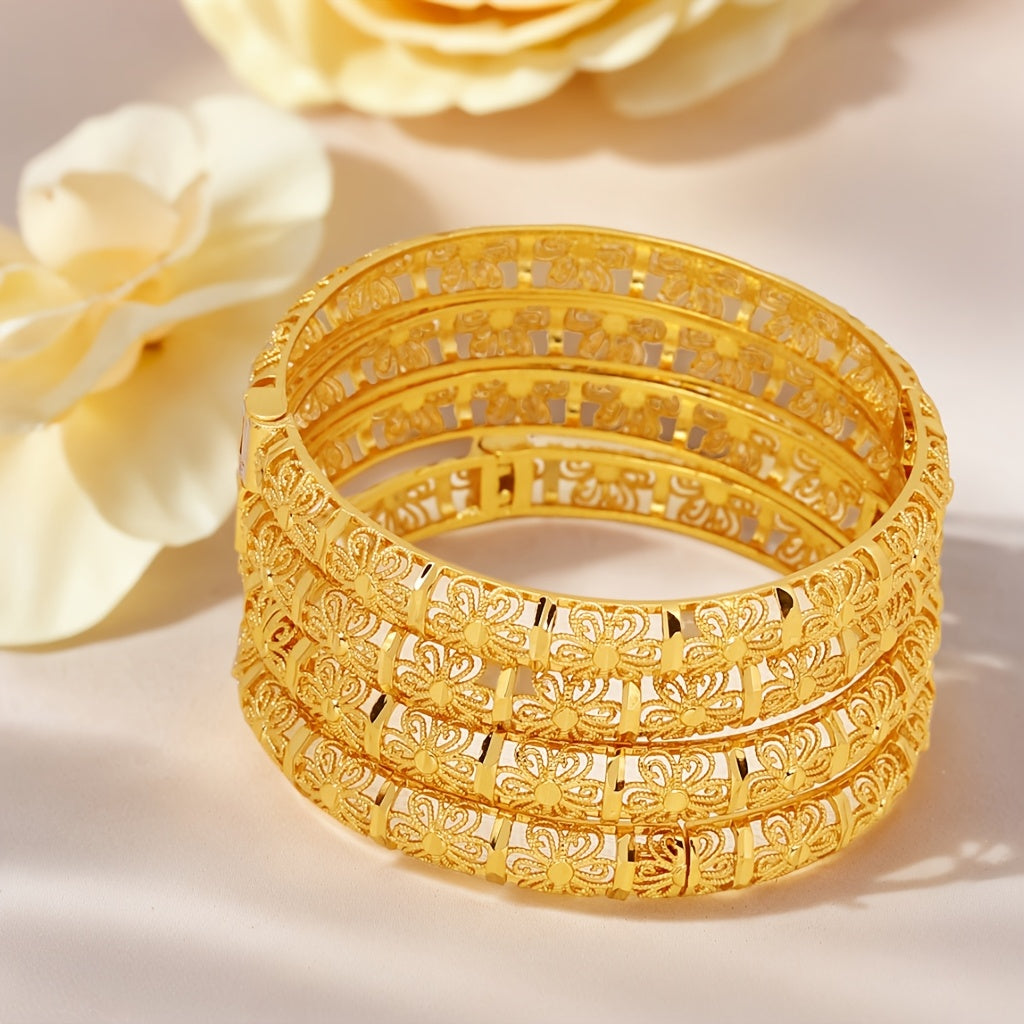 Vintage Boho Copper Bangle Bracelet with 3D Floral Engraving for Weddings and Parties