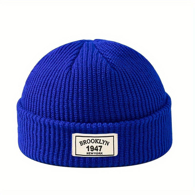 Gorro de punto para hombre, gorro cálido y elástico de invierno con parche de letras para ocio activo y regalos en vacaciones