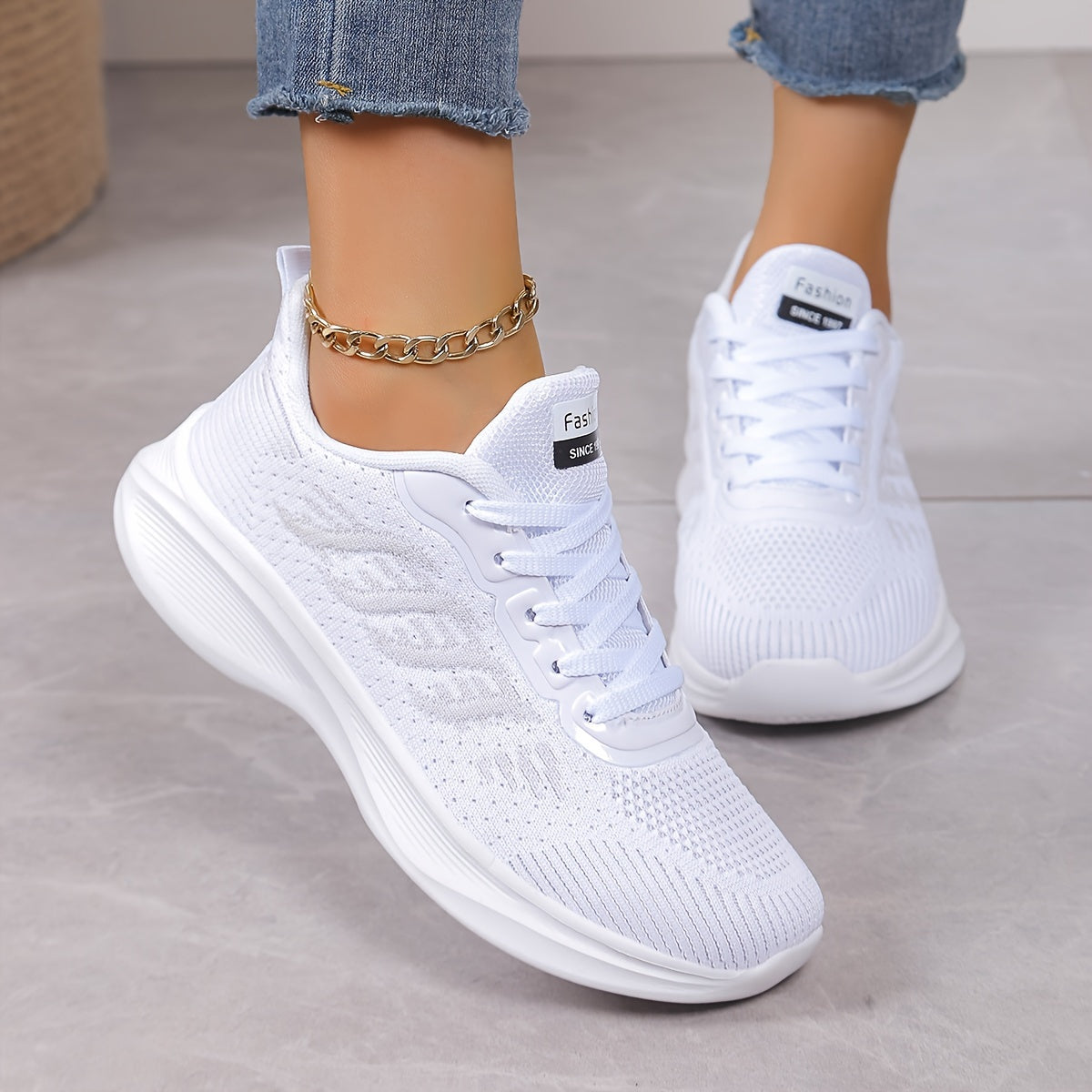 Women's Breathable Knit Sneakers Casual Low Top Running Shoes White