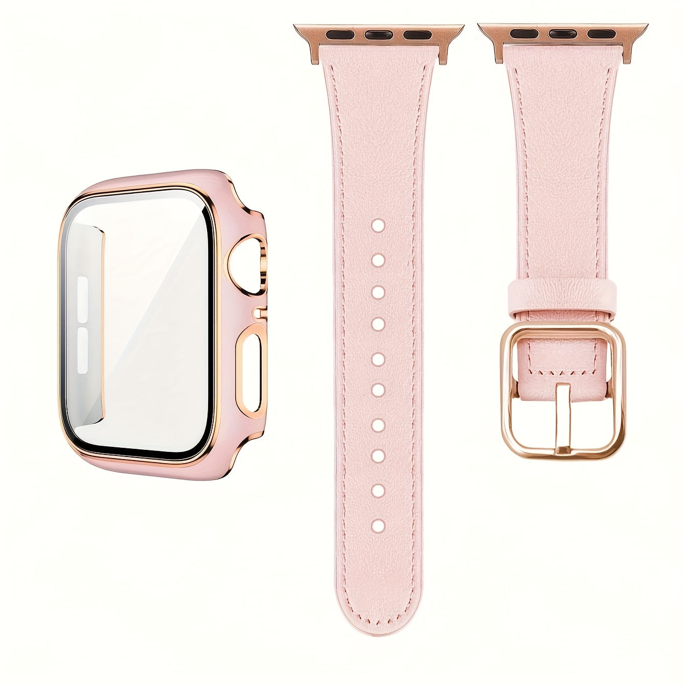 Sun Buckle Two-Color Rose Shell Protective Case for Smartwatch 2-in-1 Synthetic Leather Strap Tempered Glass Frame Compatible with iWatch Ultra Series