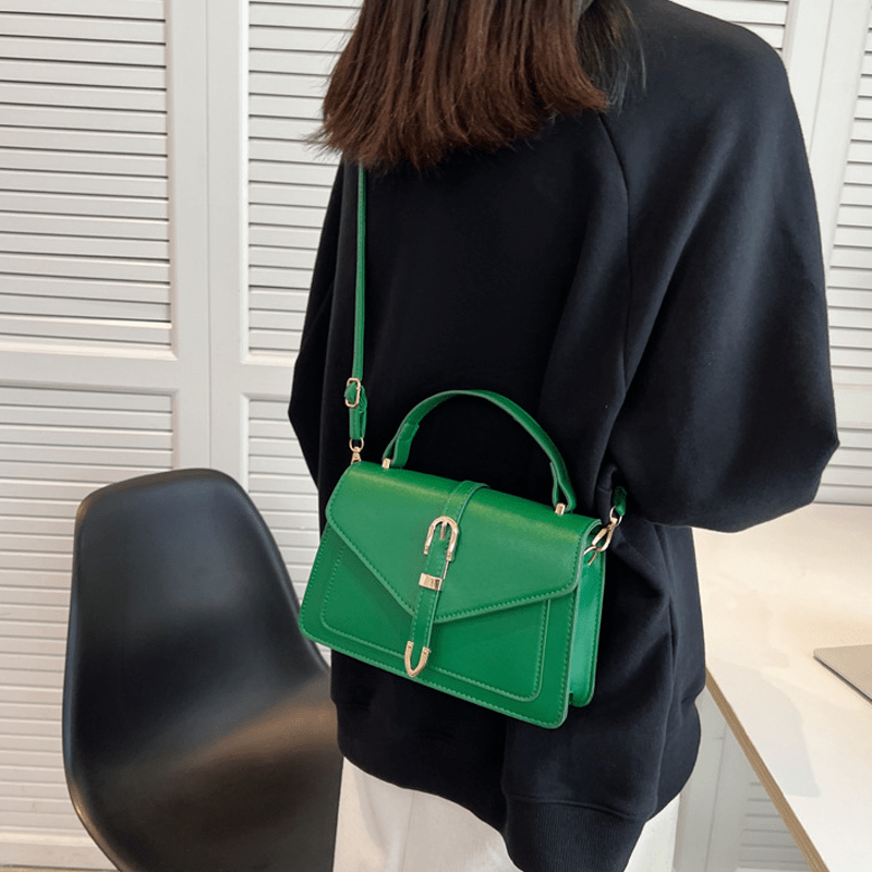 White PU Crossbody Bag with Buckle Closure and Metallic Accents for Women