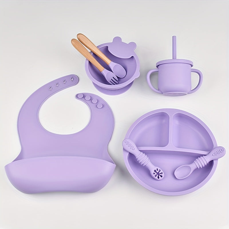Juego de vajilla de silicona para niños pequeños, 8 piezas, incluye plato, cuenco, cuchara, tenedor, pajita, taza, babero, libre de BPA, no tóxico, apto para lavavajillas, para edades de 0 a 3 años