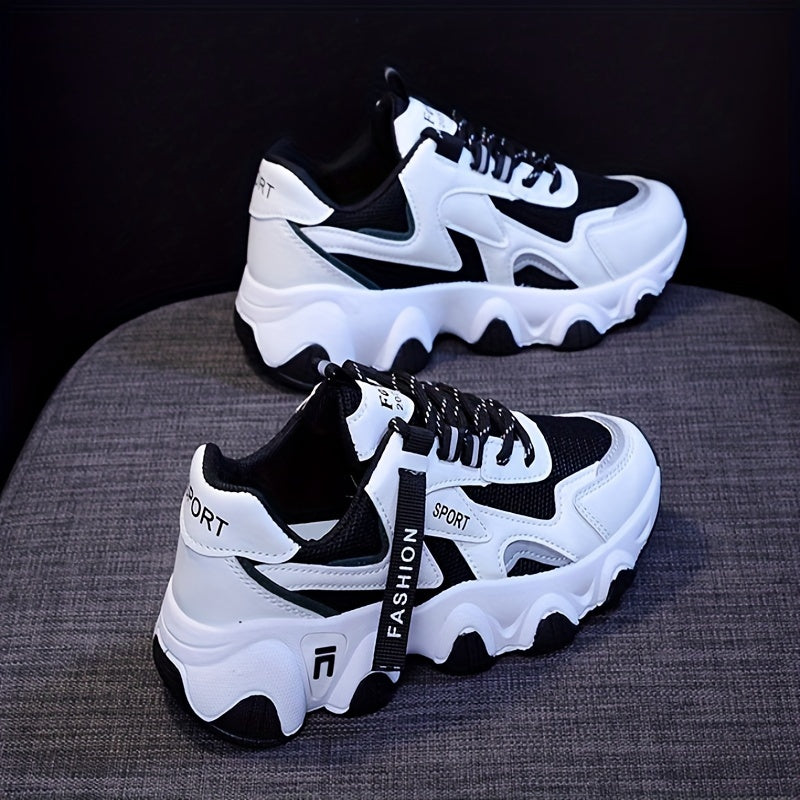 Women's Breathable Mesh Athletic Sneakers White Purple Low Top Lace-Up Thick Sole Sporty Design