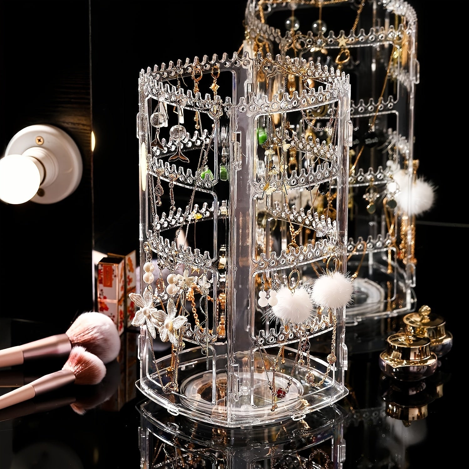 Clear Rotating Jewelry Organizer 4-Tier Tree Tower Stand for Earrings Bracelets Necklaces