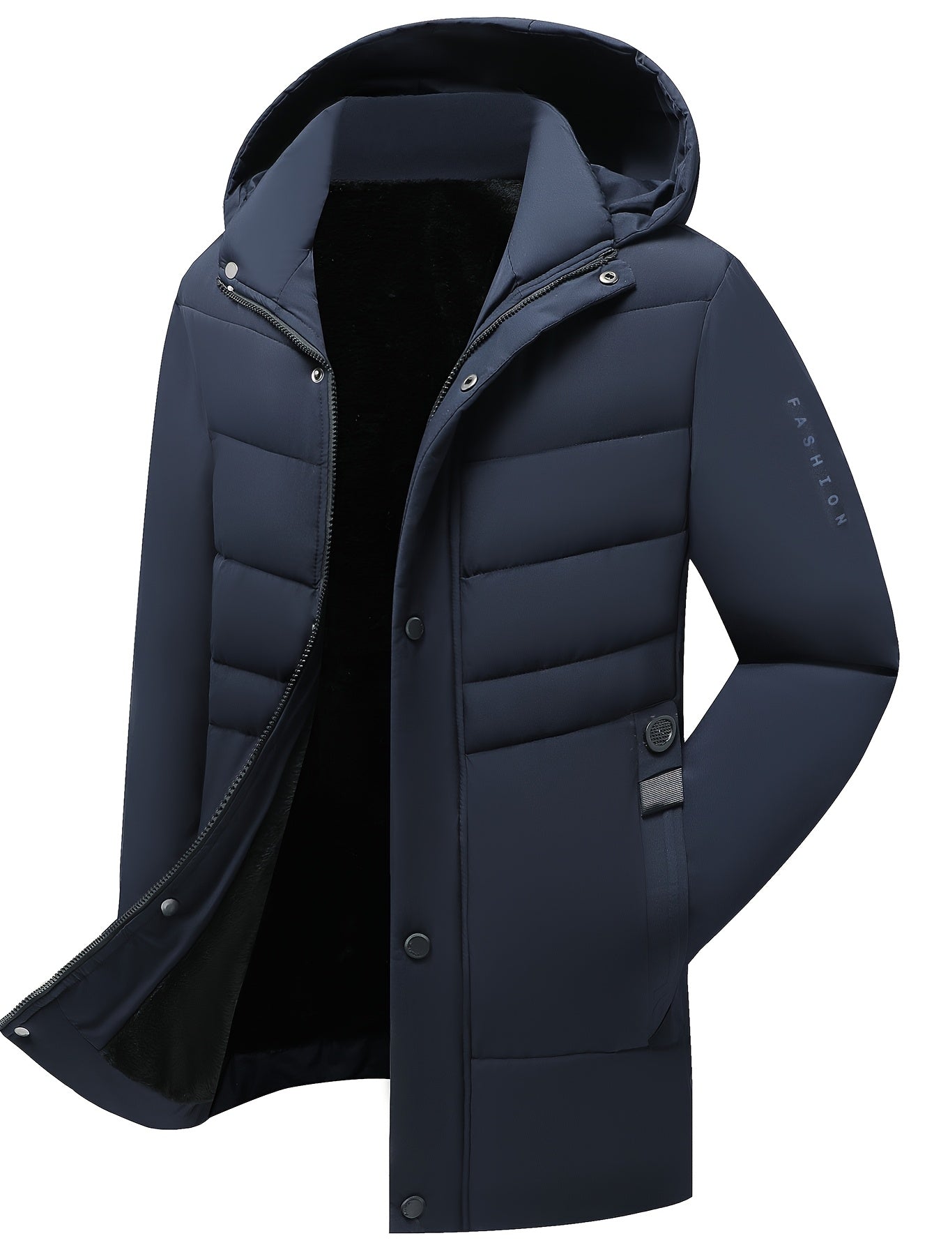 Мужская тёмно-синяя флисовая куртка с капюшоном и молнией до середины длины с карманами