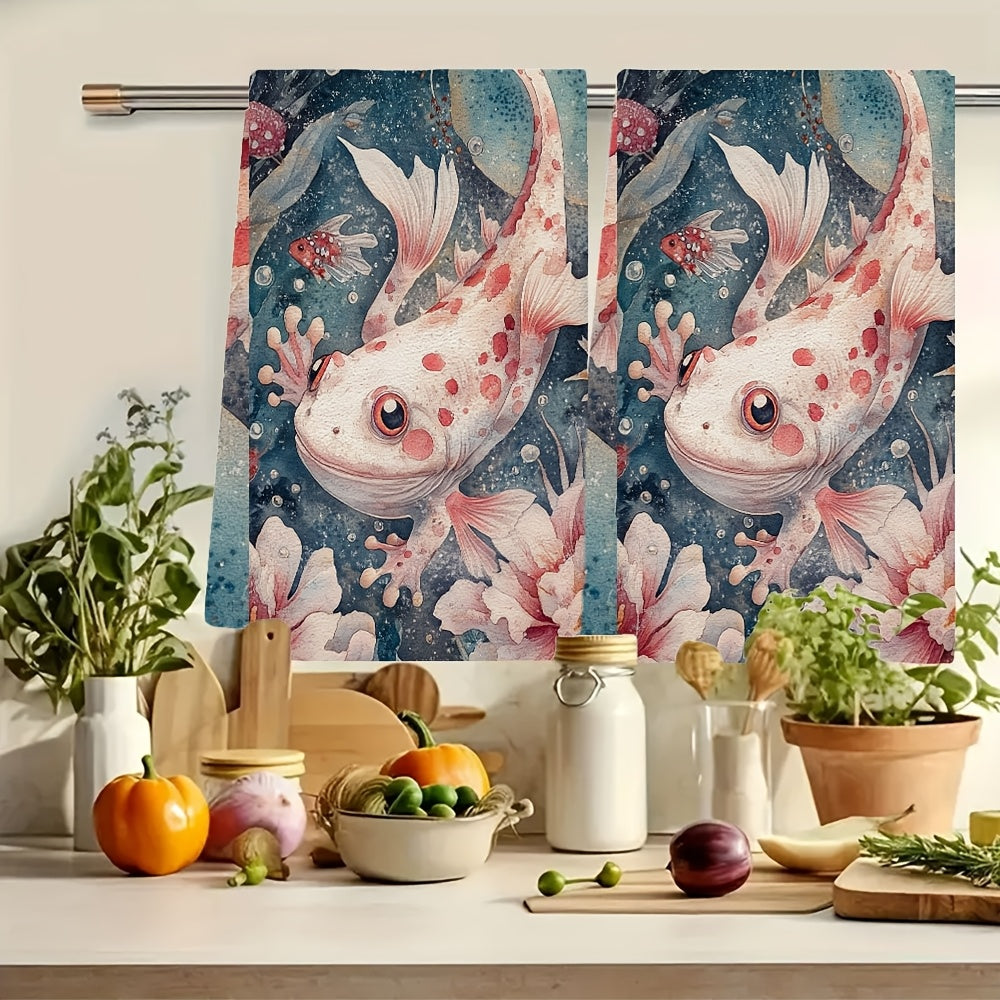 Set of 2 Ultra Soft Kitchen Towels with Axolotl and Floral Design, 40x60 cm