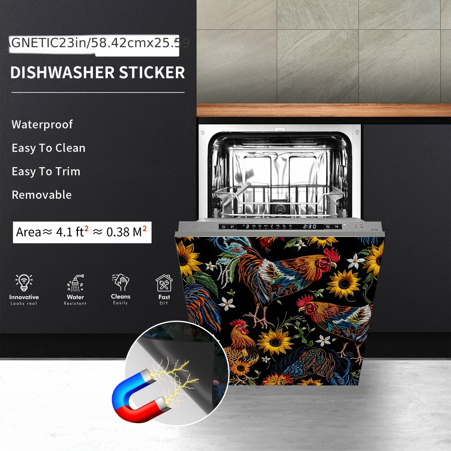 Quyosh gul va Qo'y qushi oshxona dekoratsiyasi magnitli idish-tovoq qoplamasi decal 58x66 sm