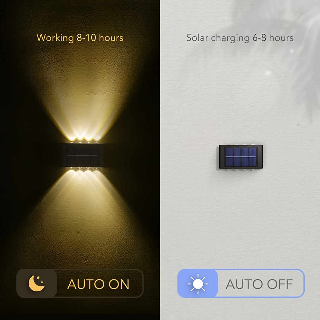 Aplique de pared solar con 6 LED de luz cálida, iluminación decorativa exterior, pantalla de acrílico, carcasa de plástico similar a metal