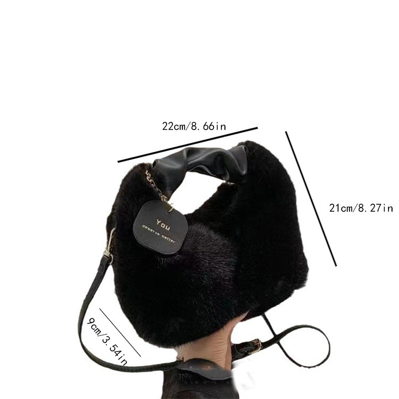 Women's Faux Fur Crossbody Bag with Adjustable Strap and Zipper Closure in Khaki Grey Pink Cream