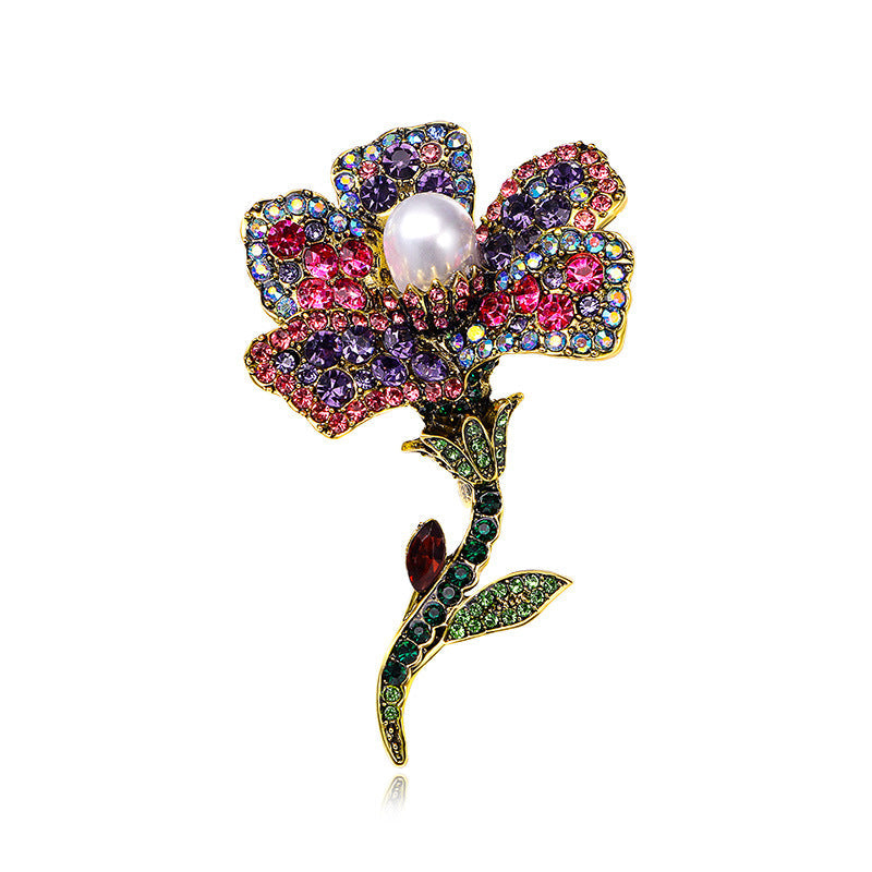 Women's Rose Brooch Pin with Rhinestones Faux Pearl and Tassel Stylish Floral Lapel Pin for Winter Jackets