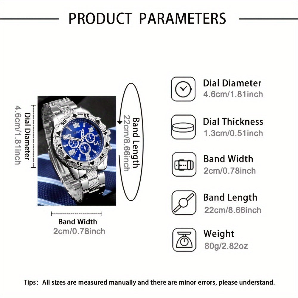 Men's Silver Quartz Watch Set with Stainless Steel Straps for Business and Casual Wear