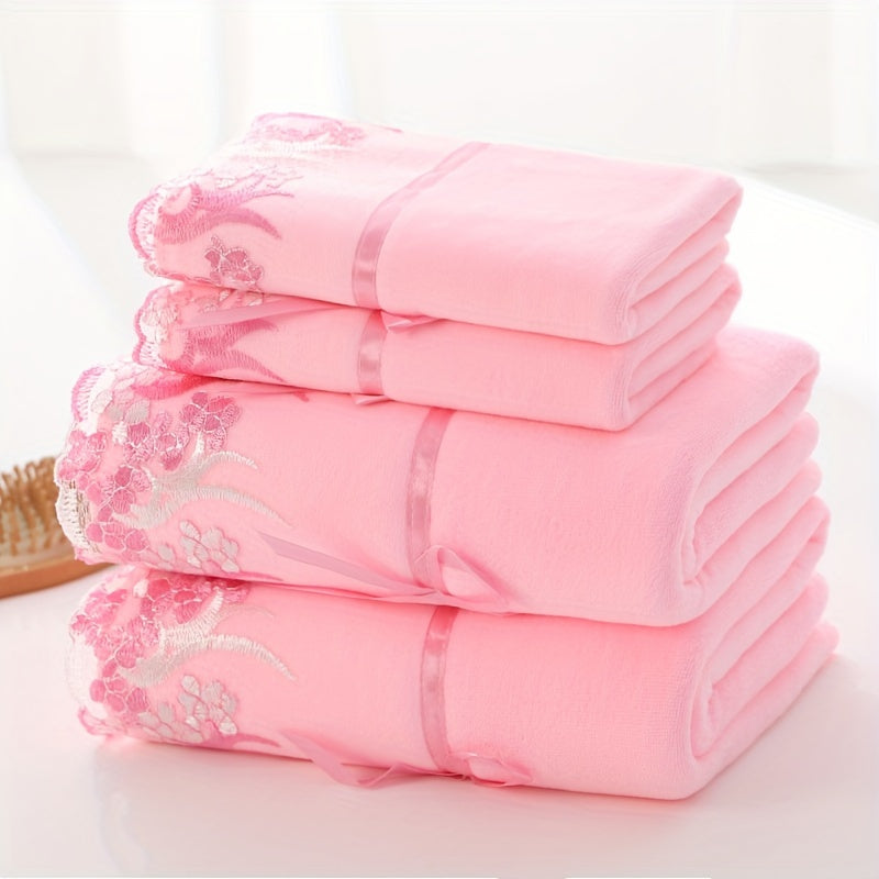 4-Piece Lace Towel Set with Floral Edges Ultra-Soft Polyester Blend Bath and Hand Towels