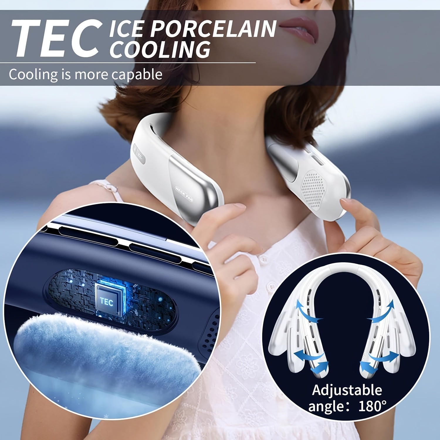 Noiseless Neck Fan with LED Screen, 5-Speed, Rechargeable, Portable for Outdoor and Travel
