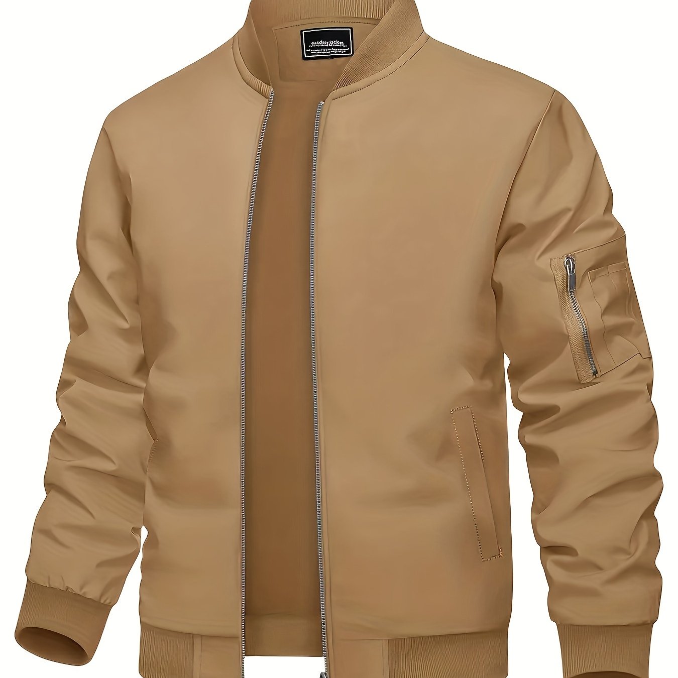 Men's Beige Bomber Jacket with Zipper Stand Collar Ribbed Cuffs and Stretch Fabric for Spring Fall Outdoor Activities